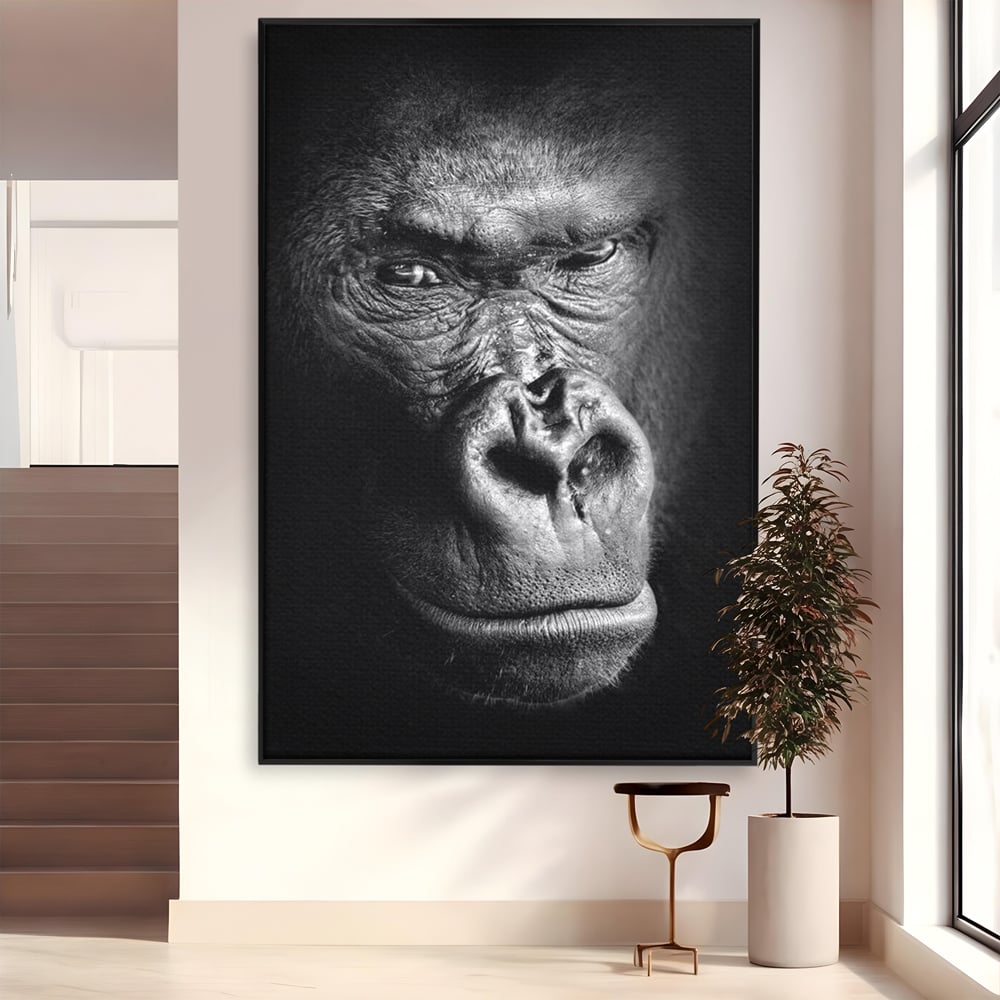 Tablou canvas cu tablou canvas cu portret de gorila, in rama de aluminiu negru
